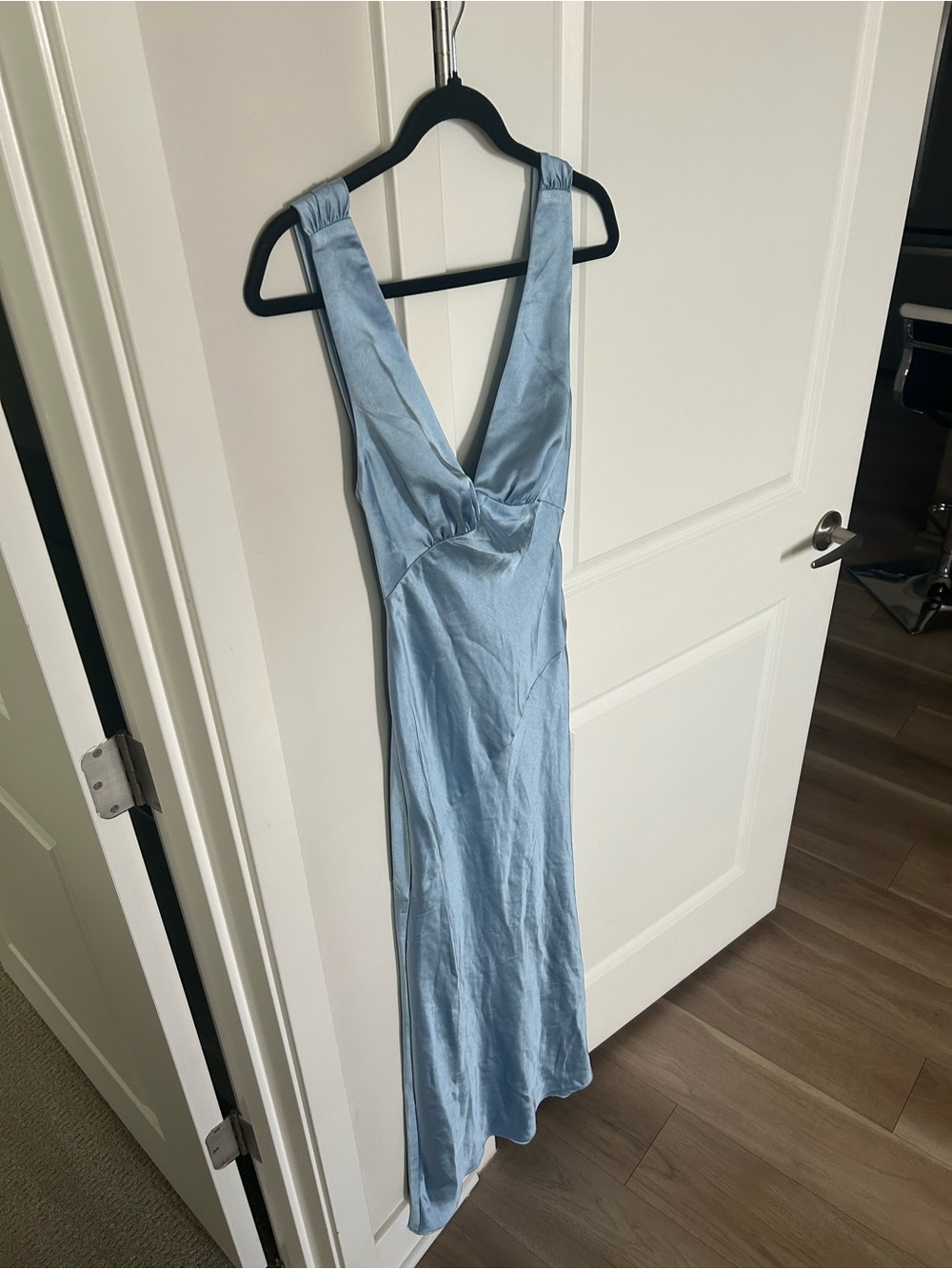 Showpo Light Blue Satin Maxi Dress with Deep V
